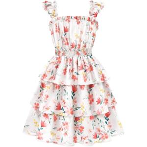 Arshiner Girls Dresses Ruffle Flutter Sleeve Summer Floral Tiered Casual Party Dress for 6-14 Y(Red Floral)