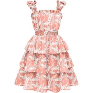 Arshiner Girls Dresses Ruffle Flutter Sleeve Summer Floral Tiered Casual Party Dress for 6-14 Y(Red Leaf Print)