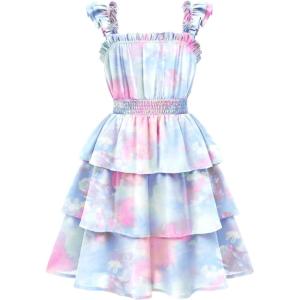 Arshiner Girls Dresses Ruffle Flutter Sleeve Summer Floral Tiered Casual Party Dress for 6-14 Y(Tie Dye)