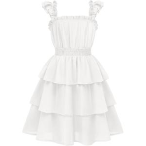 Arshiner Girls Dresses Ruffle Flutter Sleeve Summer Floral Tiered Casual Party Dress for 6-14 Y(White)