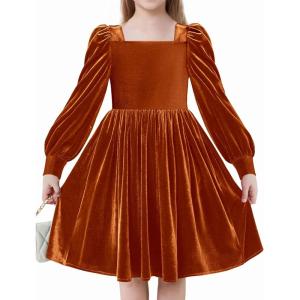 Arshiner Girls Dresses Velvet Square Neck Puff Long Sleeve Fall Winter Holiday Dress with Pockets(Burnt Orange)