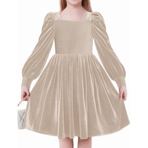 Arshiner Girls Dresses Velvet Square Neck Puff Long Sleeve Fall Winter Holiday Dress with Pockets(Champage)