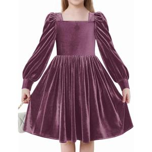 Arshiner Girls Dresses Velvet Square Neck Puff Long Sleeve Fall Winter Holiday Dress with Pockets(Fuchsia)