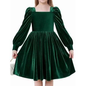 Arshiner Girls Dresses Velvet Square Neck Puff Long Sleeve Fall Winter Holiday Dress with Pockets(Green)