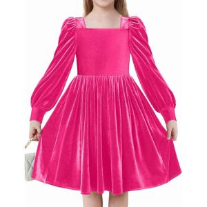Arshiner Girls Dresses Velvet Square Neck Puff Long Sleeve Fall Winter Holiday Dress with Pockets(Hot Pink)