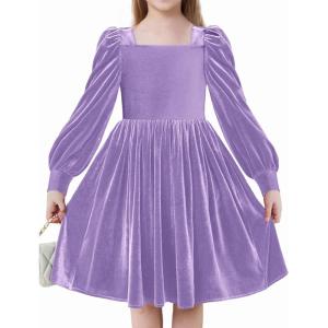 Arshiner Girls Dresses Velvet Square Neck Puff Long Sleeve Fall Winter Holiday Dress with Pockets(Lavender)