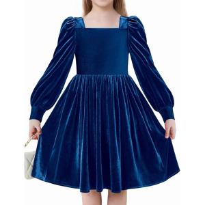 Arshiner Girls Dresses Velvet Square Neck Puff Long Sleeve Fall Winter Holiday Dress with Pockets(Navy Blue)