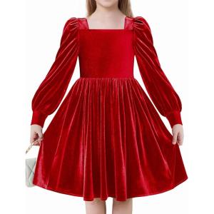 Arshiner Girls Dresses Velvet Square Neck Puff Long Sleeve Fall Winter Holiday Dress with Pockets(Red)