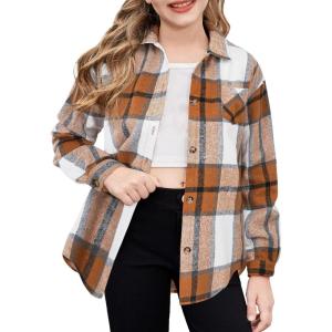 Arshiner Girls Flannel Long Sleeve Shirts Button Down Plaid Shacket Jackets Casual Blouses Tops with Pockets(Brown)
