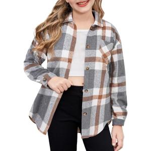 Arshiner Girls Flannel Long Sleeve Shirts Button Down Plaid Shacket Jackets Casual Blouses Tops with Pockets(Grey)