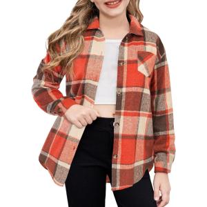 Arshiner Girls Flannel Long Sleeve Shirts Button Down Plaid Shacket Jackets Casual Blouses Tops with Pockets(Orange)