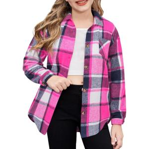 Arshiner Girls Flannel Long Sleeve Shirts Button Down Plaid Shacket Jackets Casual Blouses Tops with Pockets(Rose Red)