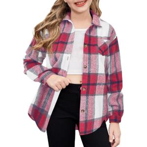 Arshiner Girls Flannel Long Sleeve Shirts Button Down Plaid Shacket Jackets Casual Blouses Tops with Pockets(Wine Red)