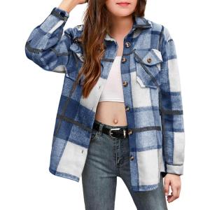 Arshiner Girls Flannel Plaid Jackets Button Down Long Sleeve Shirts Blouses Tops with Pockets Outfits(Blue)