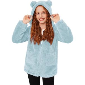 Arshiner Girls Fleece Jacket Kids Zip Up Fall Winter Fuzzy Sherpa Outwear Coat with Pockets(Blue)