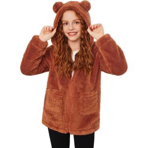 Arshiner Girls Fleece Jacket Kids Zip Up Fall Winter Fuzzy Sherpa Outwear Coat with Pockets(Brown)