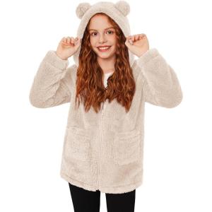 Arshiner Girls Fleece Jacket Kids Zip Up Fall Winter Fuzzy Sherpa Outwear Coat with Pockets(Champagne)