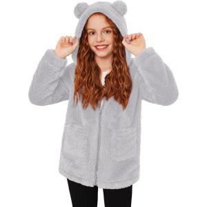 Arshiner Girls Fleece Jacket Kids Zip Up Fall Winter Fuzzy Sherpa Outwear Coat with Pockets(Grey)