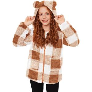 Arshiner Girls Fleece Jacket Kids Zip Up Fall Winter Fuzzy Sherpa Outwear Coat with Pockets(Khaki Plaid)