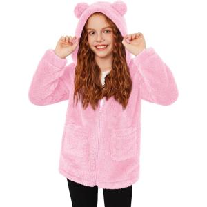 Arshiner Girls Fleece Jacket Kids Zip Up Fall Winter Fuzzy Sherpa Outwear Coat with Pockets(Pink)