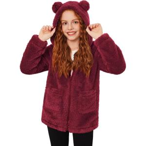 Arshiner Girls Fleece Jacket Kids Zip Up Fall Winter Fuzzy Sherpa Outwear Coat with Pockets(Red)
