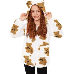 Arshiner Girls Fleece Jacket Kids Zip Up Fall Winter Fuzzy Sherpa Outwear Coat with Pockets(White Bear)