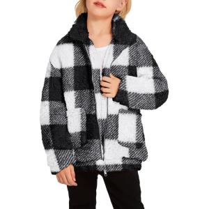 Arshiner Girls Full Zip Fleece Jacket Sherpa Outwear Coat Fall Winter for 4-12Y(Black Plaid)