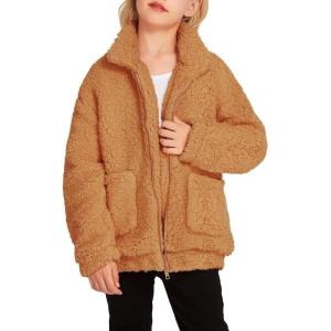Arshiner Girls Full Zip Fleece Jacket Sherpa Outwear Coat Fall Winter for 4-12Y(Brown)
