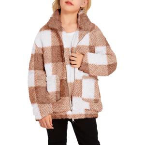 Arshiner Girls Full Zip Fleece Jacket Sherpa Outwear Coat Fall Winter for 4-12Y(Plaid)