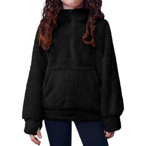Arshiner Girls Fuzzy Hoodies Half Zip Sherpa Pullover Sweatshirt Fleece Cozy Outwear Coat with Pockets(Black)