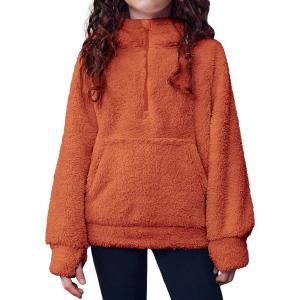 Arshiner Girls Fuzzy Hoodies Half Zip Sherpa Pullover Sweatshirt Fleece Cozy Outwear Coat with Pockets(Caramel)