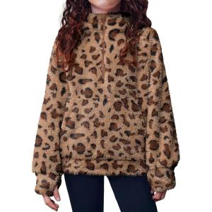 Arshiner Girls Fuzzy Hoodies Half Zip Sherpa Pullover Sweatshirt Fleece Cozy Outwear Coat with Pockets(Leopard)