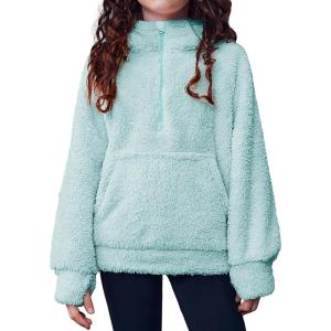 Arshiner Girls Fuzzy Hoodies Half Zip Sherpa Pullover Sweatshirt Fleece Cozy Outwear Coat with Pockets(Pastel Teal)