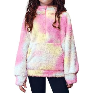 Arshiner Girls Fuzzy Hoodies Half Zip Sherpa Pullover Sweatshirt Fleece Cozy Outwear Coat with Pockets(Pink Blue)