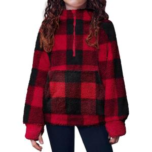 Arshiner Girls Fuzzy Hoodies Half Zip Sherpa Pullover Sweatshirt Fleece Cozy Outwear Coat with Pockets(Red Black Plaid)