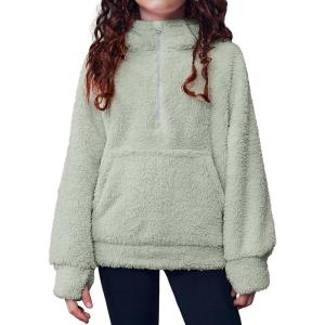 Arshiner Girls Fuzzy Hoodies Half Zip Sherpa Pullover Sweatshirt Fleece Cozy Outwear Coat with Pockets(Sage Green)