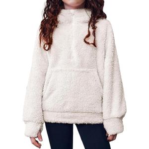 Arshiner Girls Fuzzy Hoodies Half Zip Sherpa Pullover Sweatshirt Fleece Cozy Outwear Coat with Pockets(White)