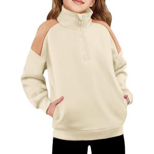 Arshiner Girls Half Zip Sweatshirt Fleece Quarter Zip Pullover Sweatshirts Fall Winter Clothes for Teen Girl Side Pockets(Beige Color Block)