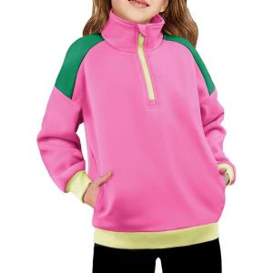 Arshiner Girls Half Zip Sweatshirt Fleece Quarter Zip Pullover Sweatshirts Fall Winter Clothes for Teen Girl Side Pockets(Pink Color Block)