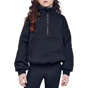 Arshiner Girls Half Zip Sweatshirt with Drawstring Hem Fleece Quarter Zip Pullover Sweatshirts Fall Clothes for Teen Girl(Black)