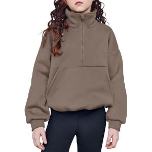 Arshiner Girls Half Zip Sweatshirt with Drawstring Hem Fleece Quarter Zip Pullover Sweatshirts Fall Clothes for Teen Girl(Coffee)