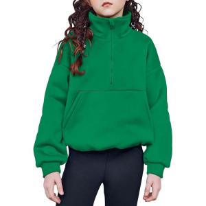 Arshiner Girls Half Zip Sweatshirt with Drawstring Hem Fleece Quarter Zip Pullover Sweatshirts Fall Clothes for Teen Girl(Green)