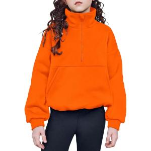 Arshiner Girls Half Zip Sweatshirt with Drawstring Hem Fleece Quarter Zip Pullover Sweatshirts Fall Clothes for Teen Girl(Orange)