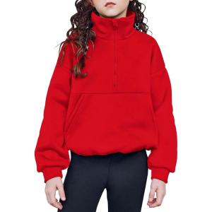 Arshiner Girls Half Zip Sweatshirt with Drawstring Hem Fleece Quarter Zip Pullover Sweatshirts Fall Clothes for Teen Girl(Red)