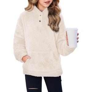 Arshiner Girls Hoodie Sherpa Fleece Pullover Hooded Sweatshirt for Girl Button Up Casual Outerwear Coat With Pockets(Apricot)
