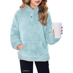 Arshiner Girls Hoodie Sherpa Fleece Pullover Hooded Sweatshirt for Girl Button Up Casual Outerwear Coat With Pockets(Blue)