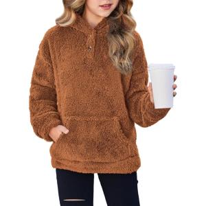 Arshiner Girls Hoodie Sherpa Fleece Pullover Hooded Sweatshirt for Girl Button Up Casual Outerwear Coat With Pockets(Bronze)