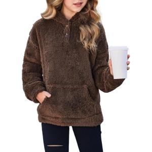 Arshiner Girls Hoodie Sherpa Fleece Pullover Hooded Sweatshirt for Girl Button Up Casual Outerwear Coat With Pockets(Brown)