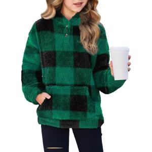 Arshiner Girls Hoodie Sherpa Fleece Pullover Hooded Sweatshirt for Girl Button Up Casual Outerwear Coat With Pockets(Check Green)