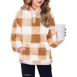 Arshiner Girls Hoodie Sherpa Fleece Pullover Hooded Sweatshirt for Girl Button Up Casual Outerwear Coat With Pockets(Check Khaki)